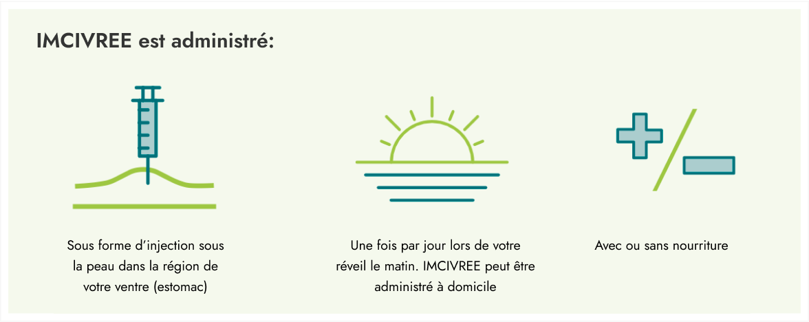 Frame 24 Un ensemble de trois icônes représentant les modalités d’administration d’IMCIVREE. La première icône montre une aiguille sous la peau. Le texte en dessous de la première icône dit : « Sous forme d’injection sous la peau dans la région du ventre (estomac) ». La deuxième icône représente le soleil qui se lève. Le texte en dessous de la deuxième icône dit : « Une fois par jour lors de votre réveil le matin. IMCIVREE peut être administré à domicile ». La troisième icône représente les symboles plus et moins, et du texte en dessous qui dit : « Avec ou sans nourriture ».