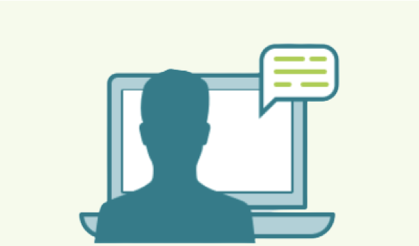 An icon of a person seated at a desk, looking at a laptop, with a chat bubble appearing in top right corner, indicating online communication.