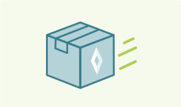 A packaged box with the IMCIVREE logo on the front and green motion lines behind it, showcasing a shipment out for delivery.